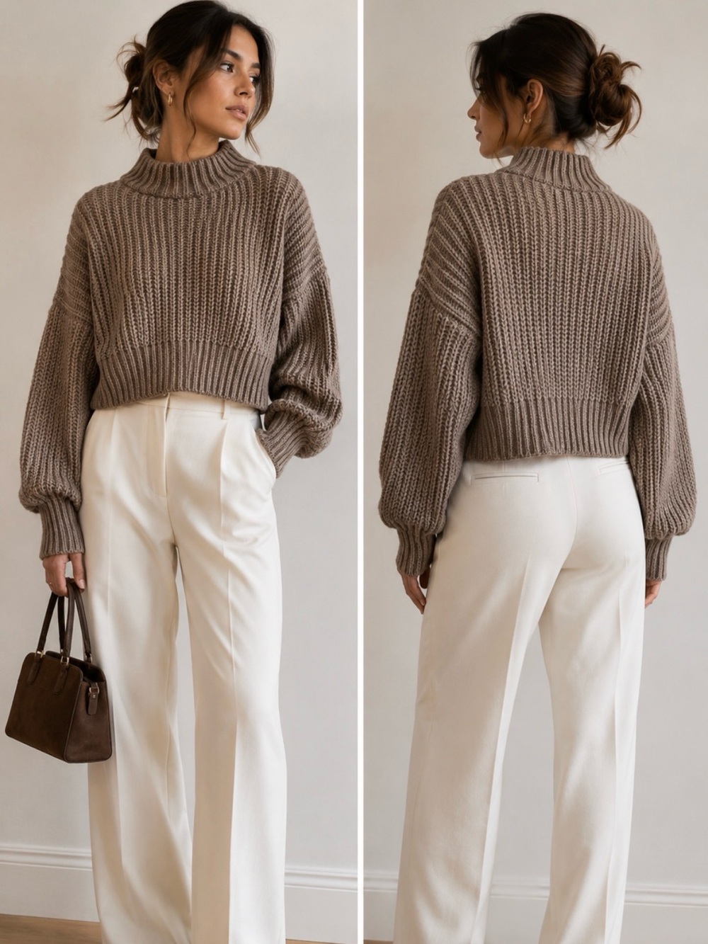 Chunky Knit Mock Neck Sweater in Beige Wool Blend